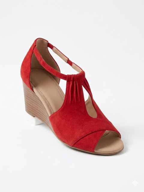 Journee Collection Women's Red Suede Open Toe Wedge Sandals | Journee Collection in Lebanon