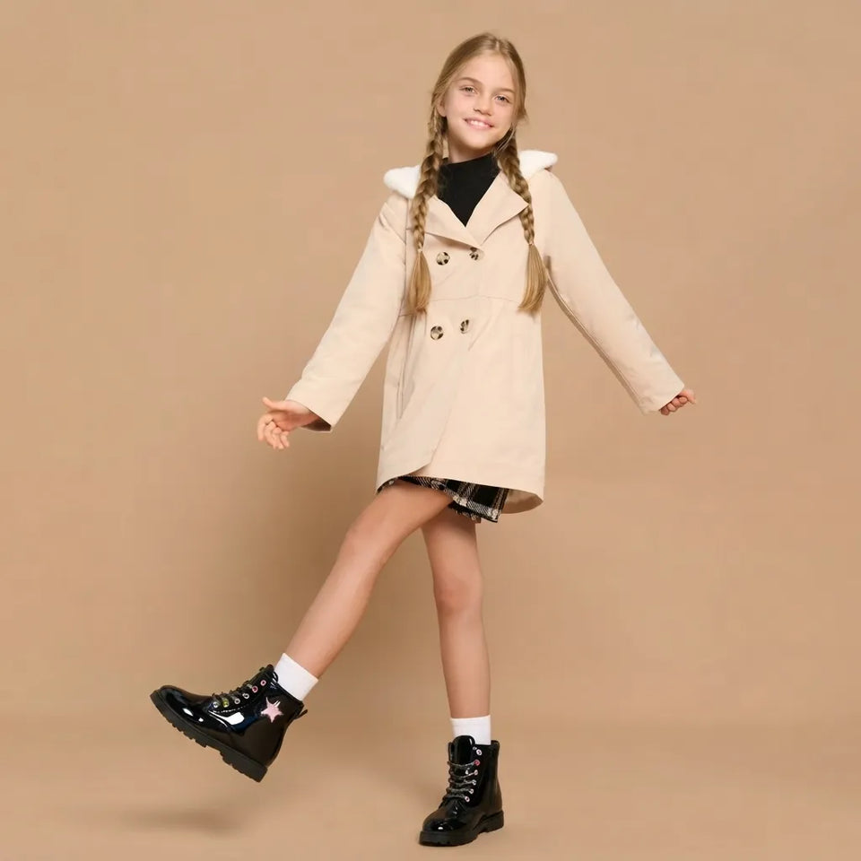 Sinsay Girl's Beige Double Breasted Buttons Hooded Trench Coat