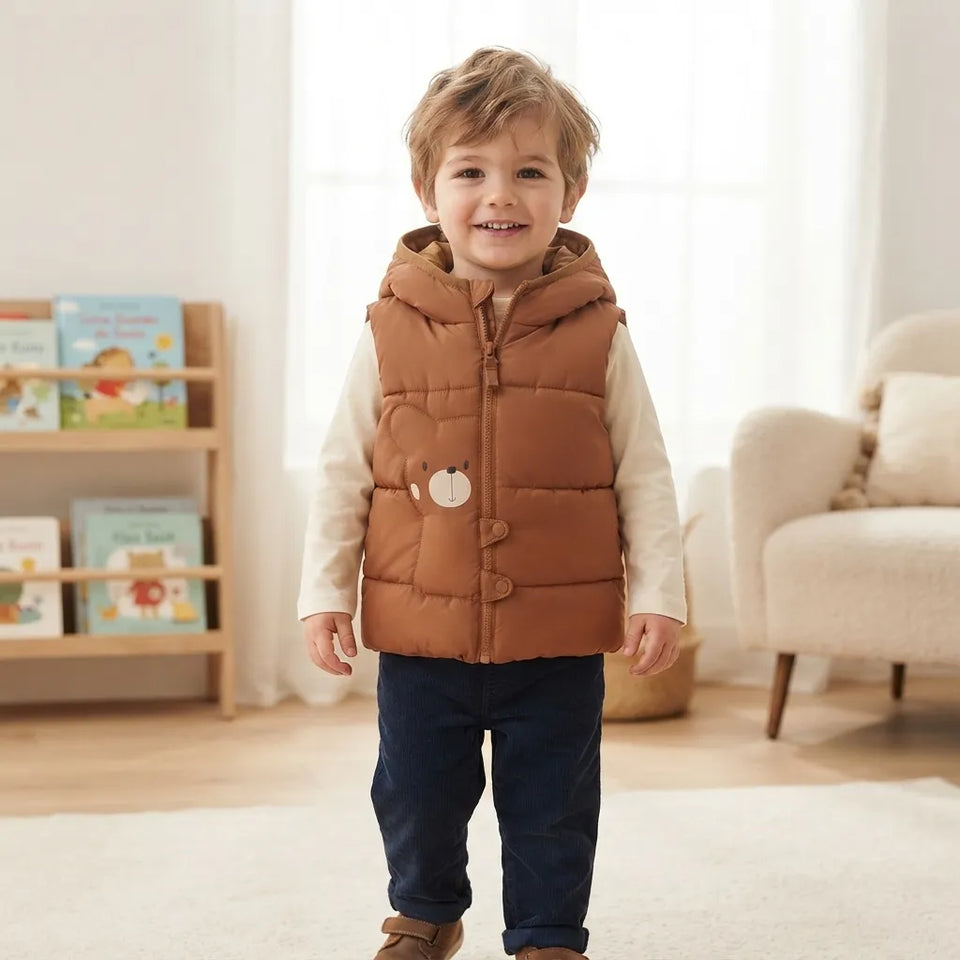 Sinsay Boy's Brown Quilter Puffer Bear Applique & Hooded Vest