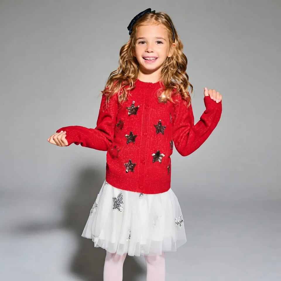 Sinsay Girl's Red Sequin Stars Knitted Cardigan
