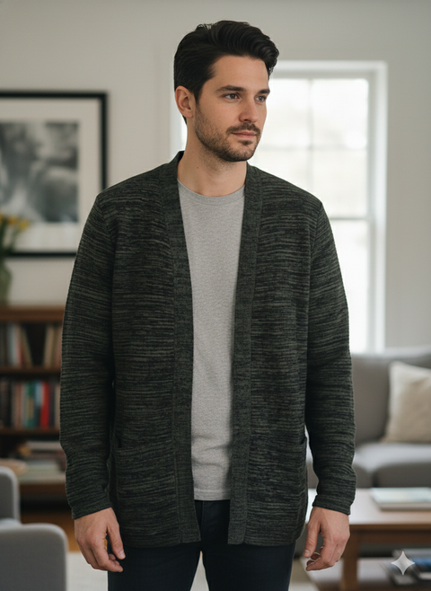 Rebel Men's Olive Green & Black Striped Nolan Knitted Cardigan |Rebel In Lebanon