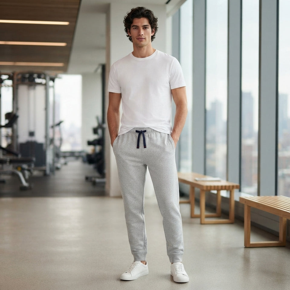 A man standing in a modern gym interior wearing a white crew-neck t-shirt, light gray heather jogger sweatpants with a dark navy drawstring, and white sneakers.