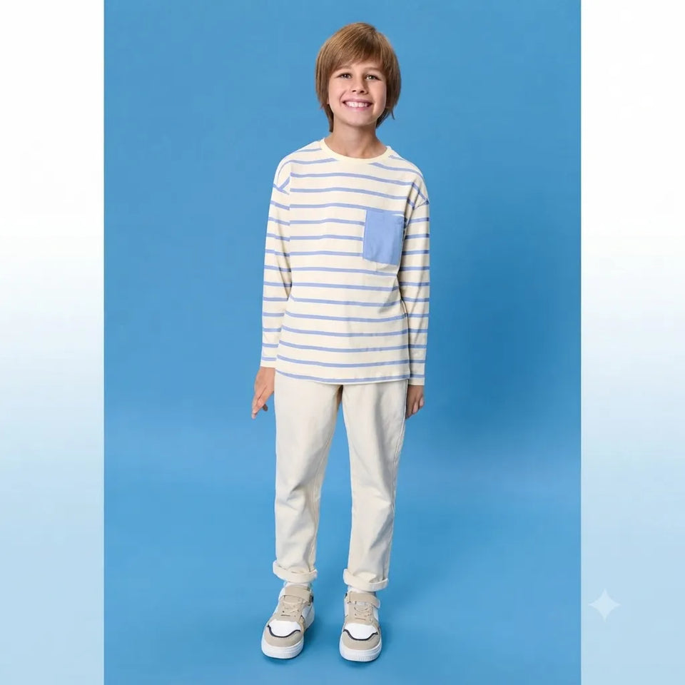 Sinsay Boy's Cream & Blue Striped Crew Neck Long Sleeve Blouse