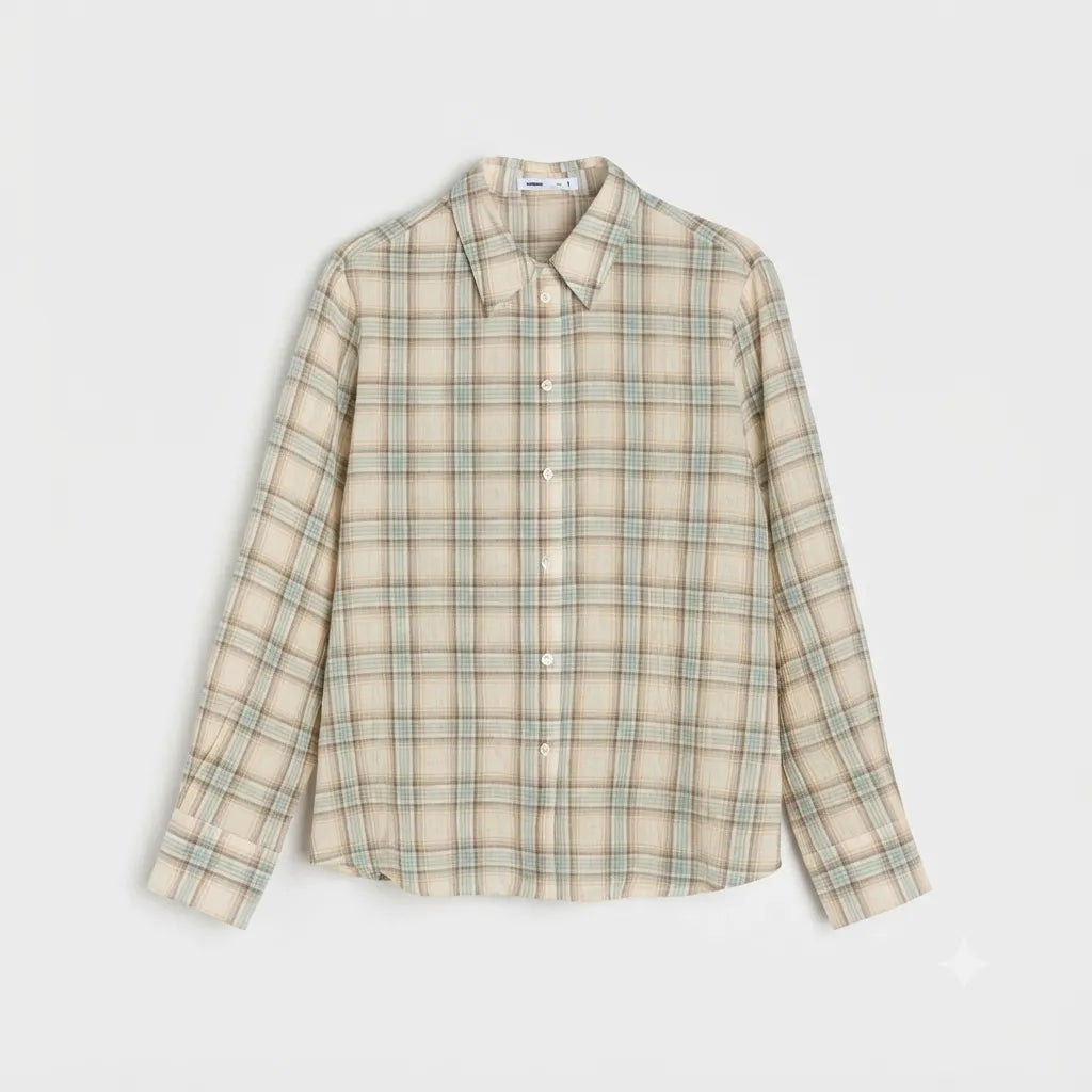 A long-sleeve button-up plaid shirt in beige with green and white lines, laid flat against a light gray background.