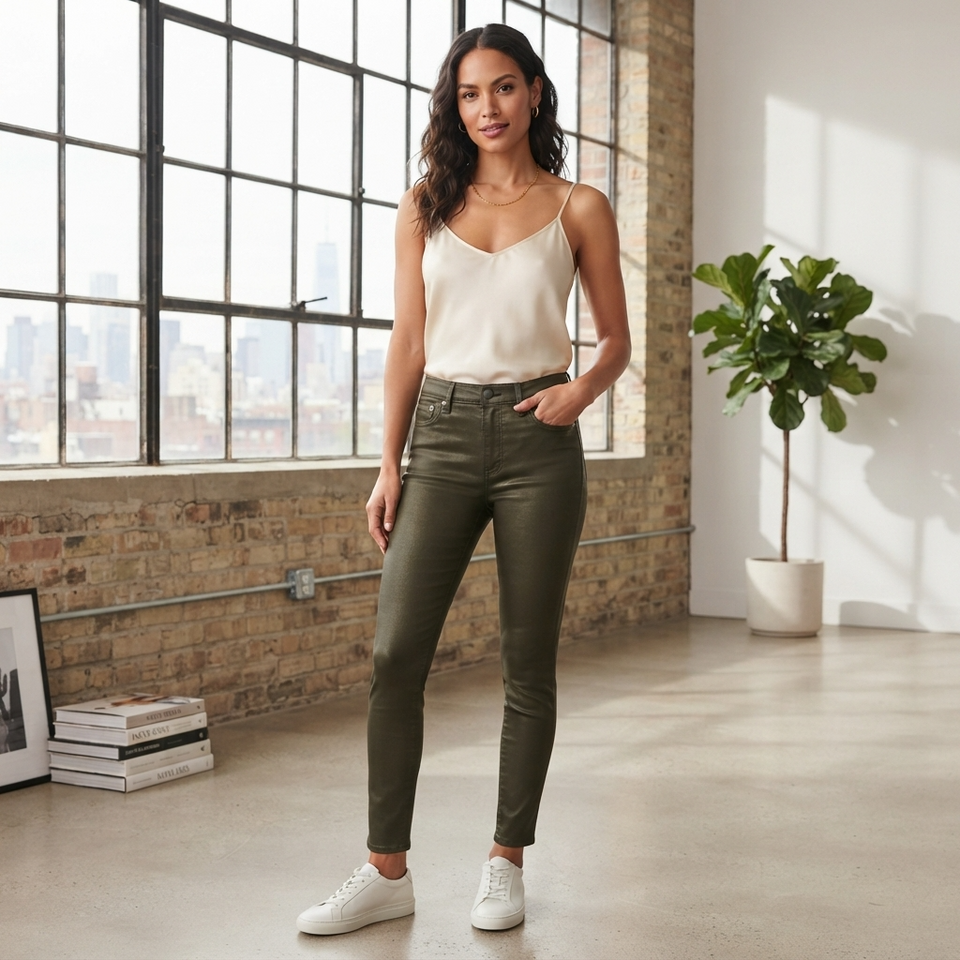 A woman stands in a bright loft-style room wearing slim-fit olive green skinny jeans, a cream spaghetti-strap camisole, and white sneakers. The room features a large industrial window, exposed brick walls, and a potted plant.
