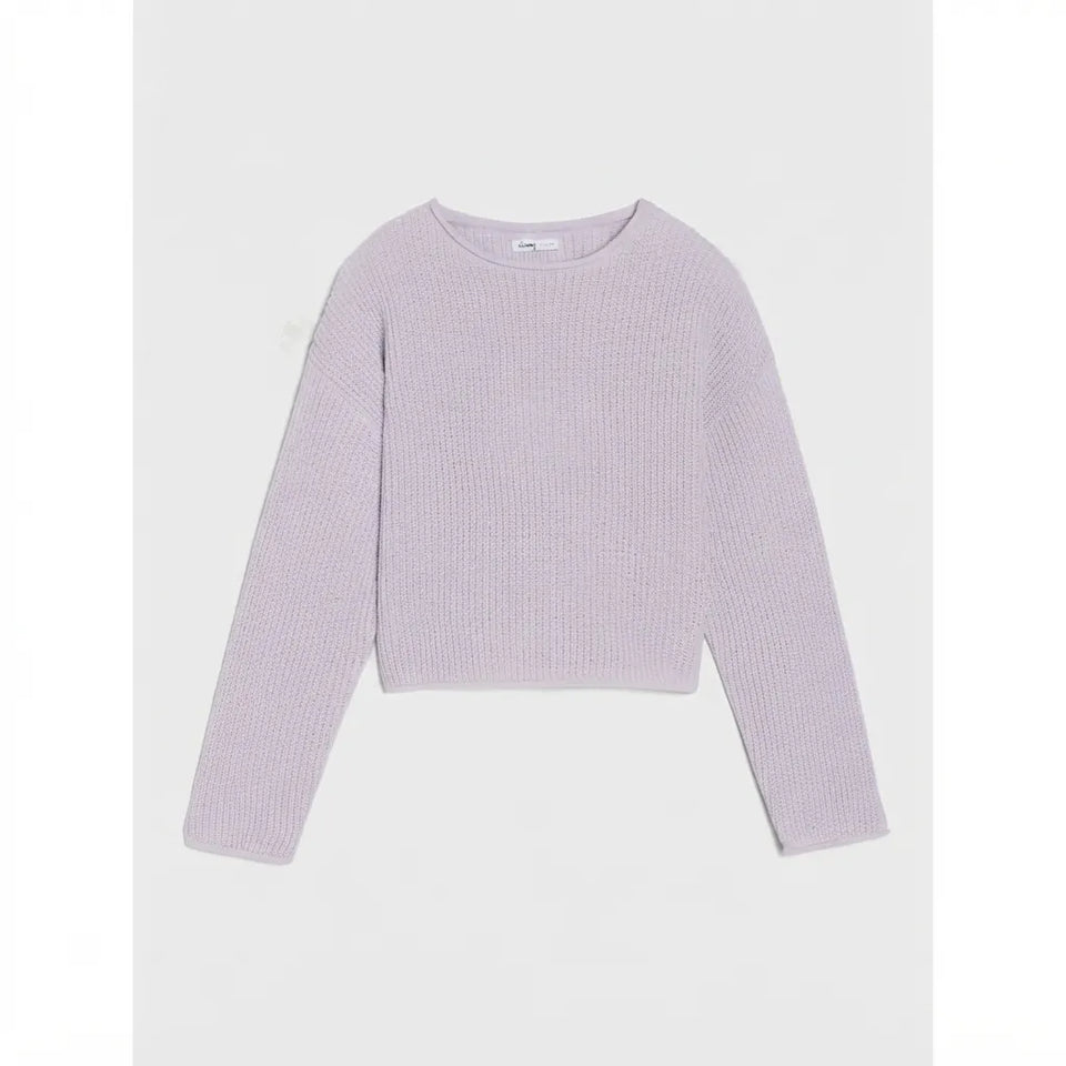 A light lavender ribbed knit long-sleeve crop top sweater, displayed flat against a light gray background.