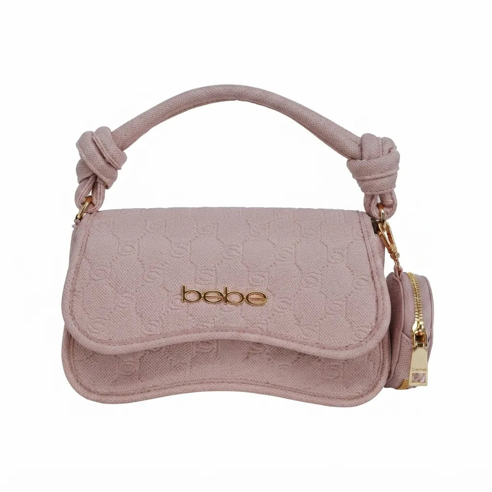 A dusty pink embossed leather handbag with a knotted top handle and a small matching zippered pouch attached on the side, featuring a gold-tone 'bebe' logo on the front.