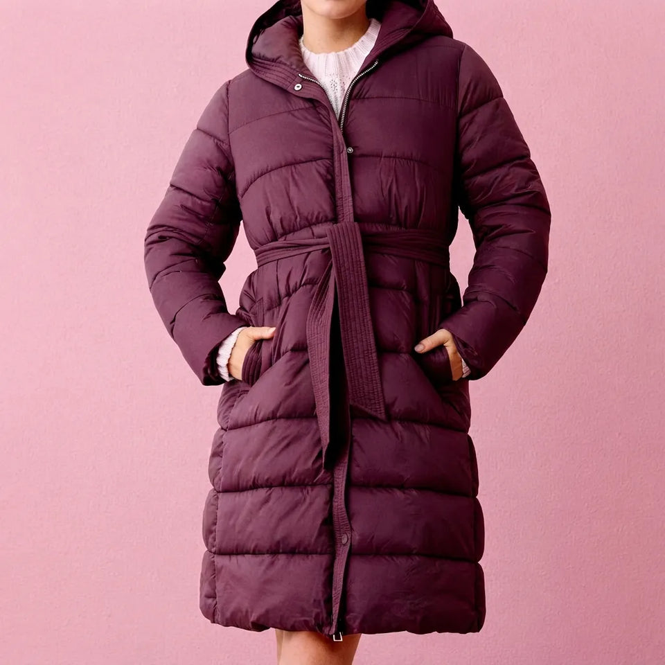 Sinsay Women's Burgundy Belted Puffer Coat
