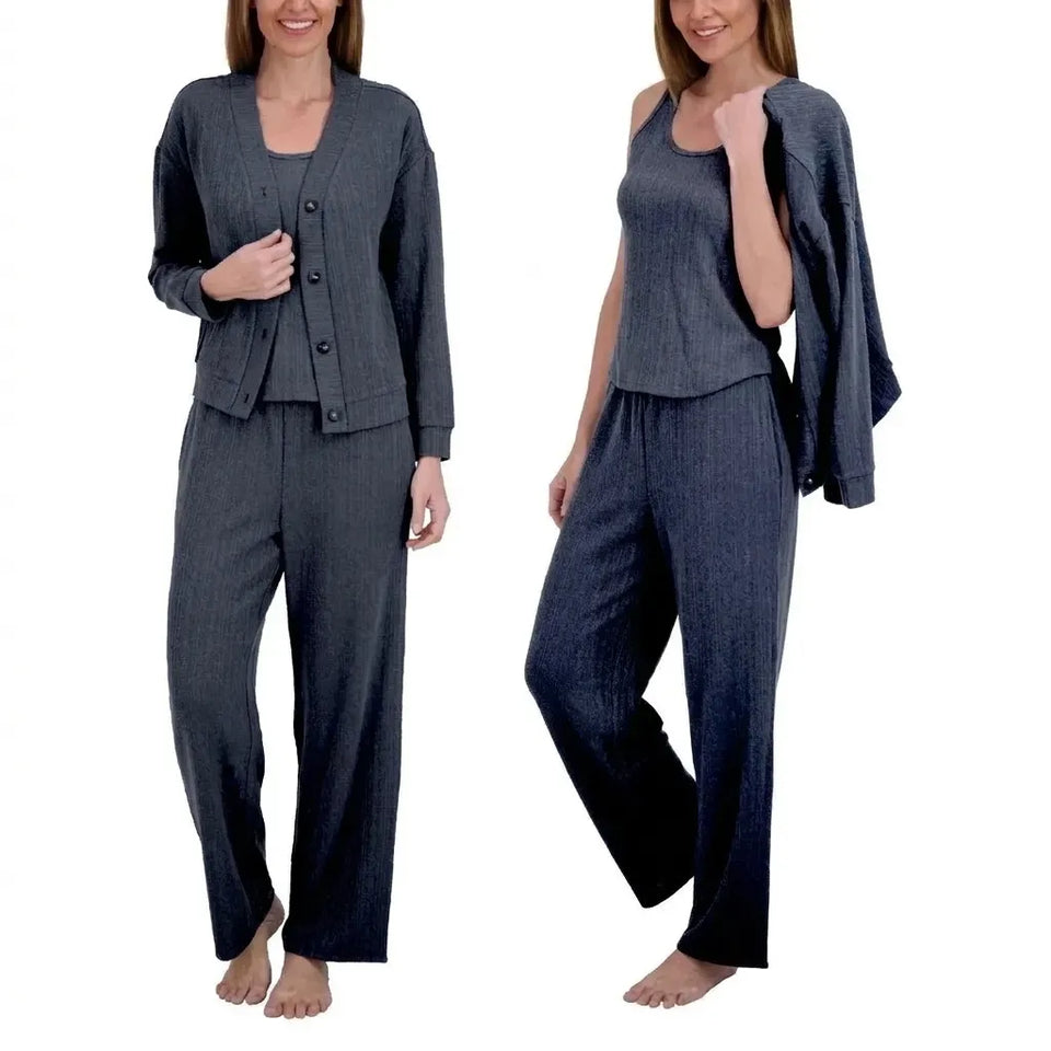 Live2Lounge Women's Navy 3 Piece Textured Cable Knit Cardigan Tank and Pant Pajama Set