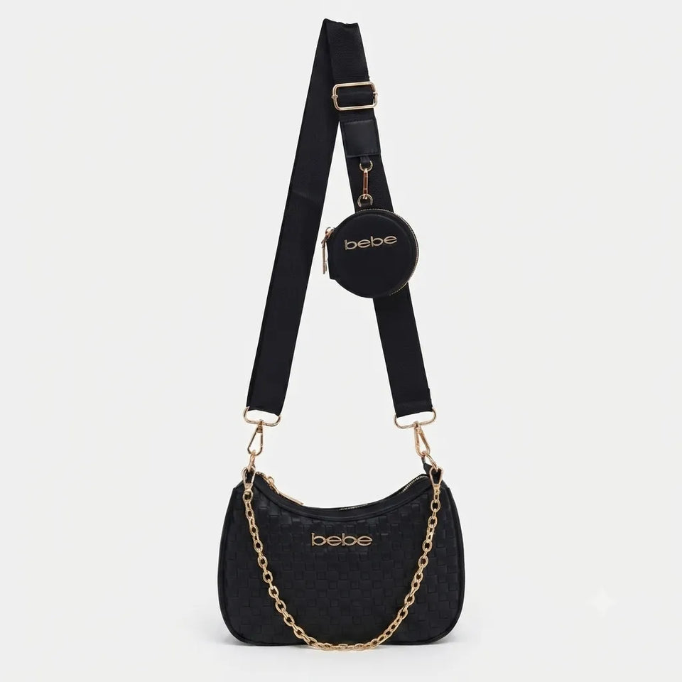 Bebe Women's Black Yara Woven Crossbody Bag with Zip Pouch