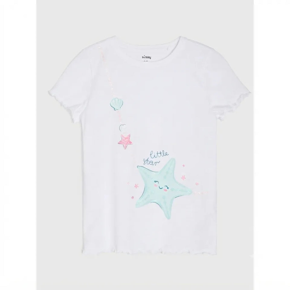 A white short-sleeve t-shirt with a distressed, frayed hem and ruffled edges. The front features a cute graphic of a light blue starfish with a smiling face, a pink starfish, a small seashell, and the text 'little star' in a handwritten font.