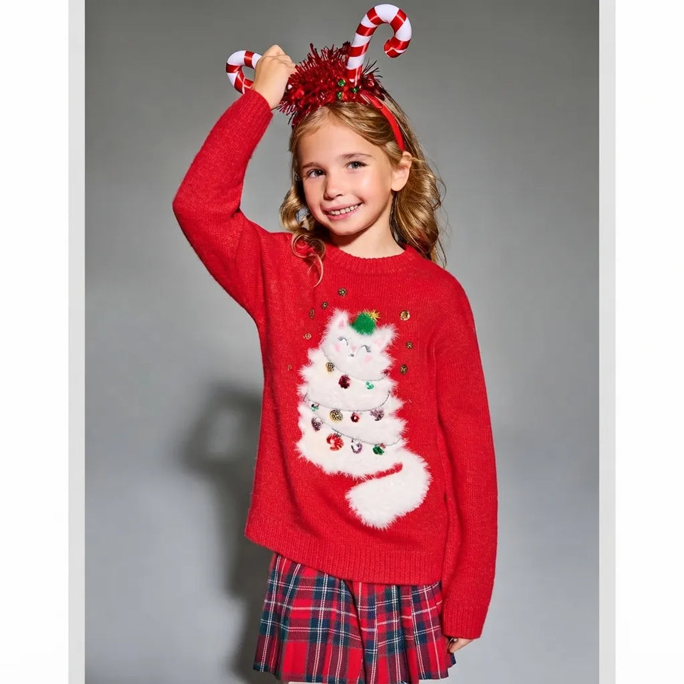 Sinsay Girl's Red Fluffy White Christmas Cat Blouse