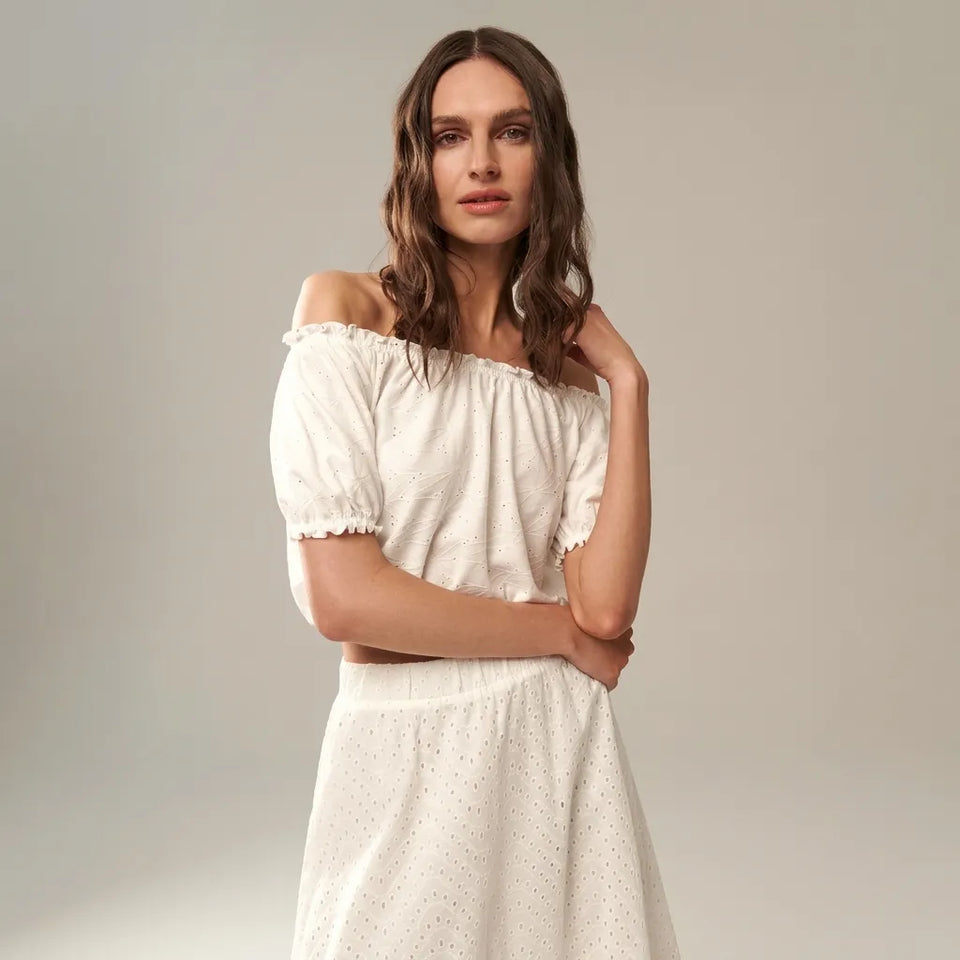 Sinsay Women's Off-White Eyelet Design Off Shoulder Crop Top
