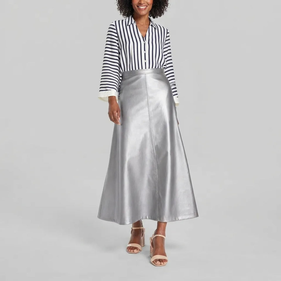 Vince Camuto Women's Silver Faux-Leather Seamed Maxi Skirt