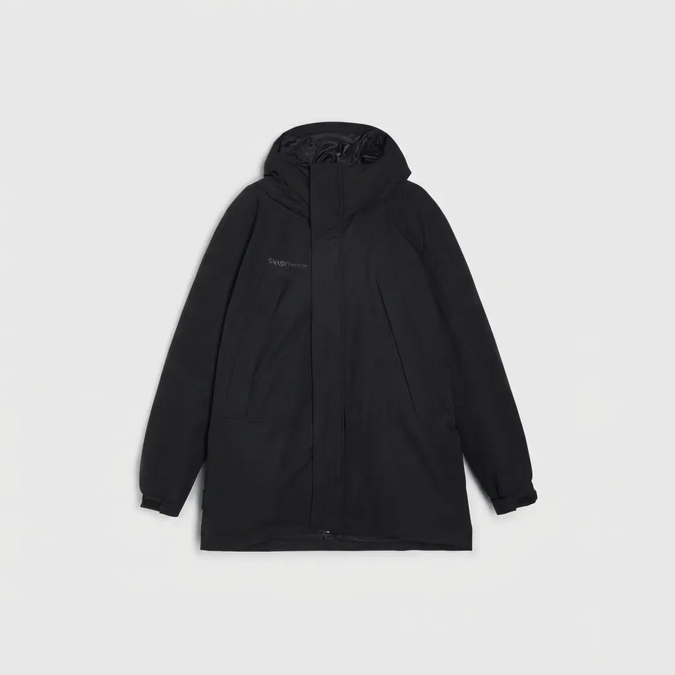 A black hooded jacket with a subtle tonal logo on the left chest, displayed flat against a light gray background.