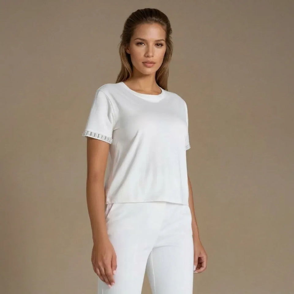 Sinsay Women's White Rhinestones Short Sleeves T-Shirt