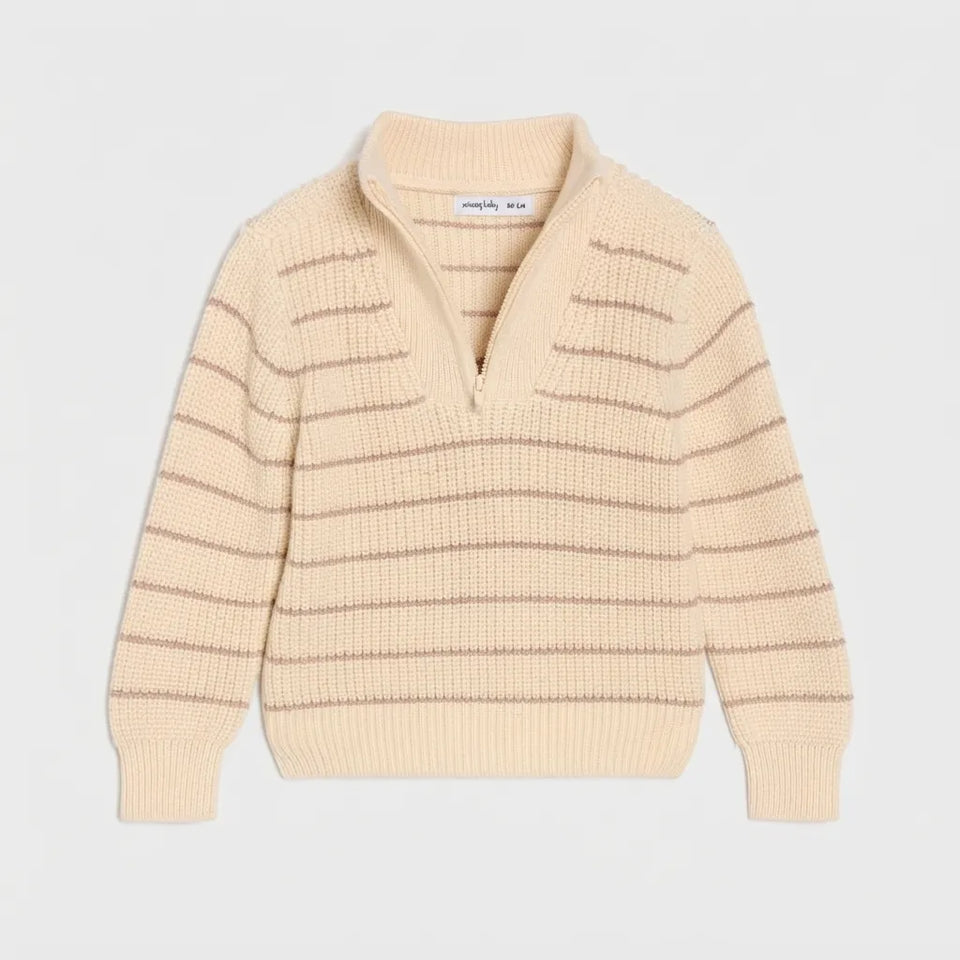 A cream-colored knit half-zip sweater with thin brown horizontal stripes, displayed flat against a light gray background.