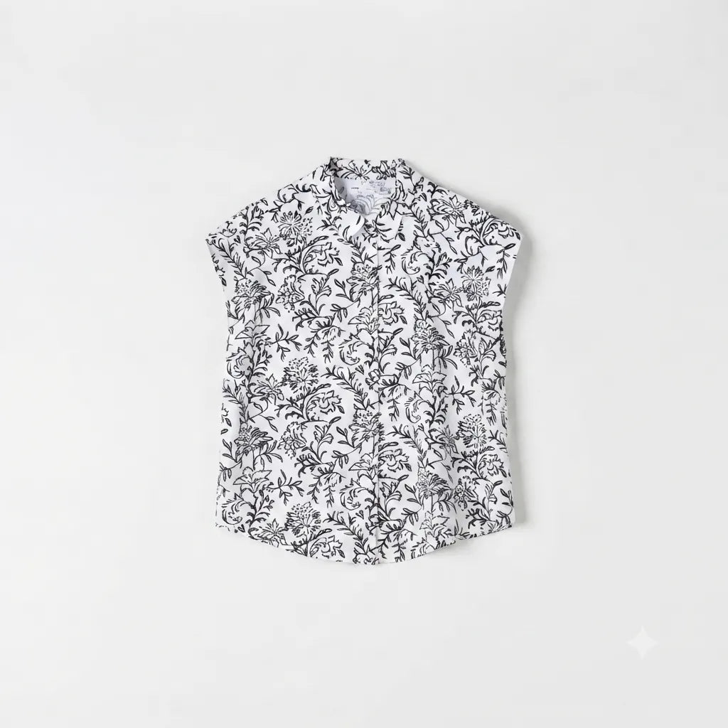 A sleeveless button-up shirt with a dense black floral and botanical print on a white background, laid flat against a light gray studio backdrop.