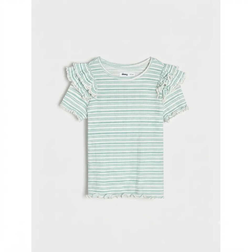 A children's short-sleeve top with thin mint green and white horizontal stripes, featuring ruffled trim along the shoulders and a ruffled hem, shown flat against a light gray background.