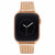 Rose gold smartwatch with a woven mesh band, crystal accents on the strap ends, and a black analog-style watch face, shown on a plain white background.