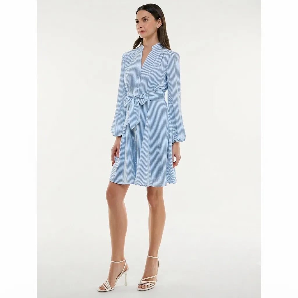 A woman modeling a light blue and white vertically striped long-sleeve mini dress with a tie waist, shown against a plain light gray studio background.