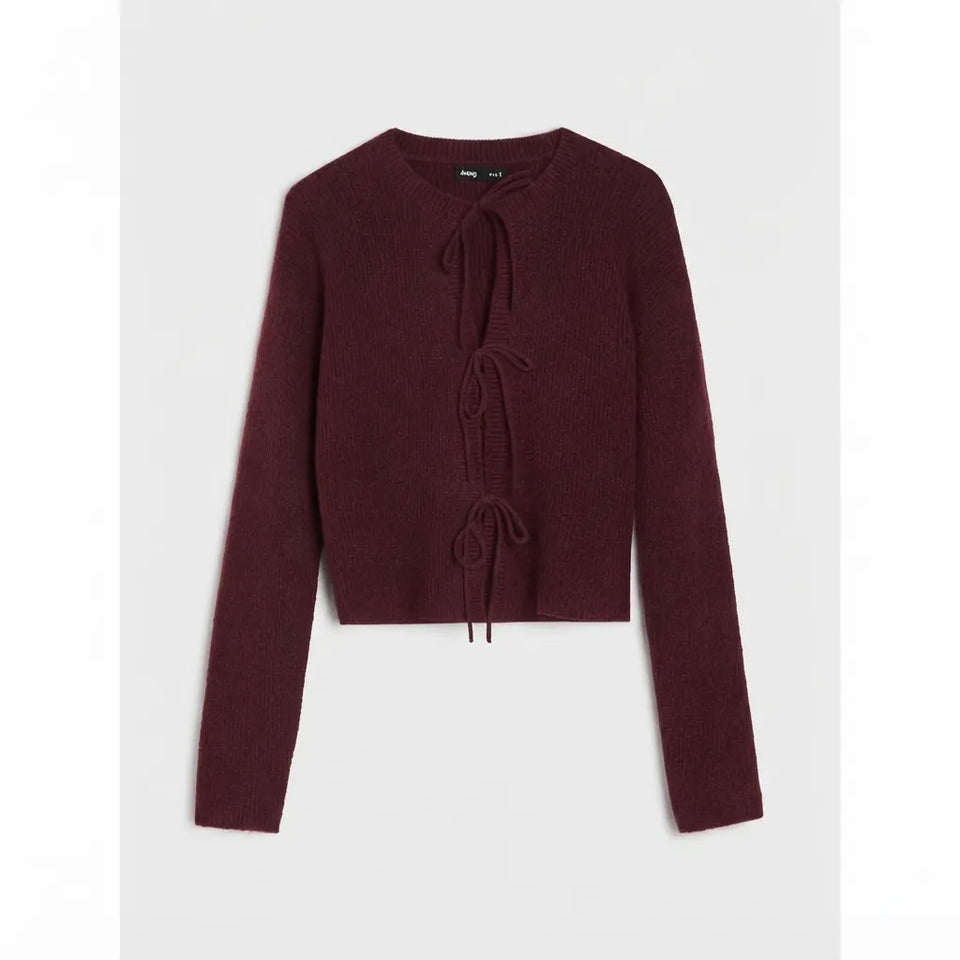 Sinsay Women's Burgundy Ribbed Tie-Front Sweater