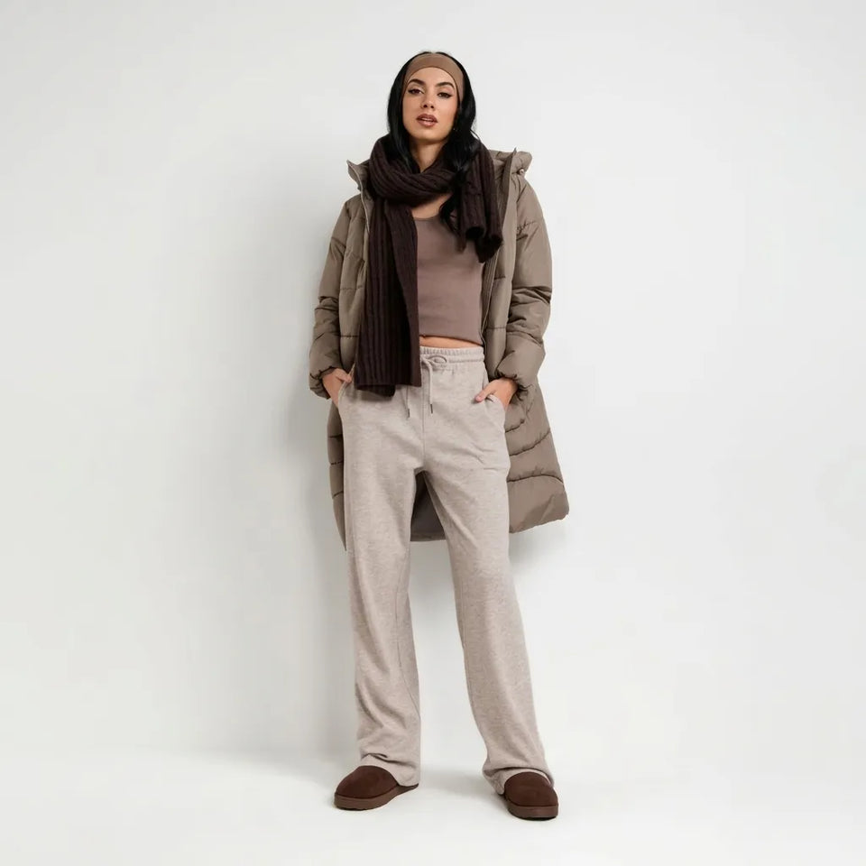 Sinsay Women's Taupe Longline Hooded Puffer Jacket Featuring A Full-Length Zipper