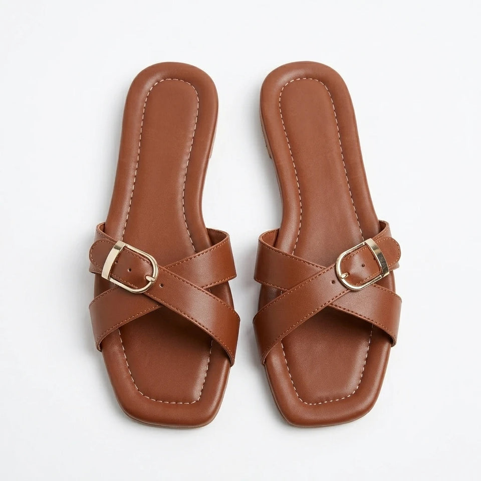 Straswans Women's Brown Leather Cross-Strap Flat Slippers
