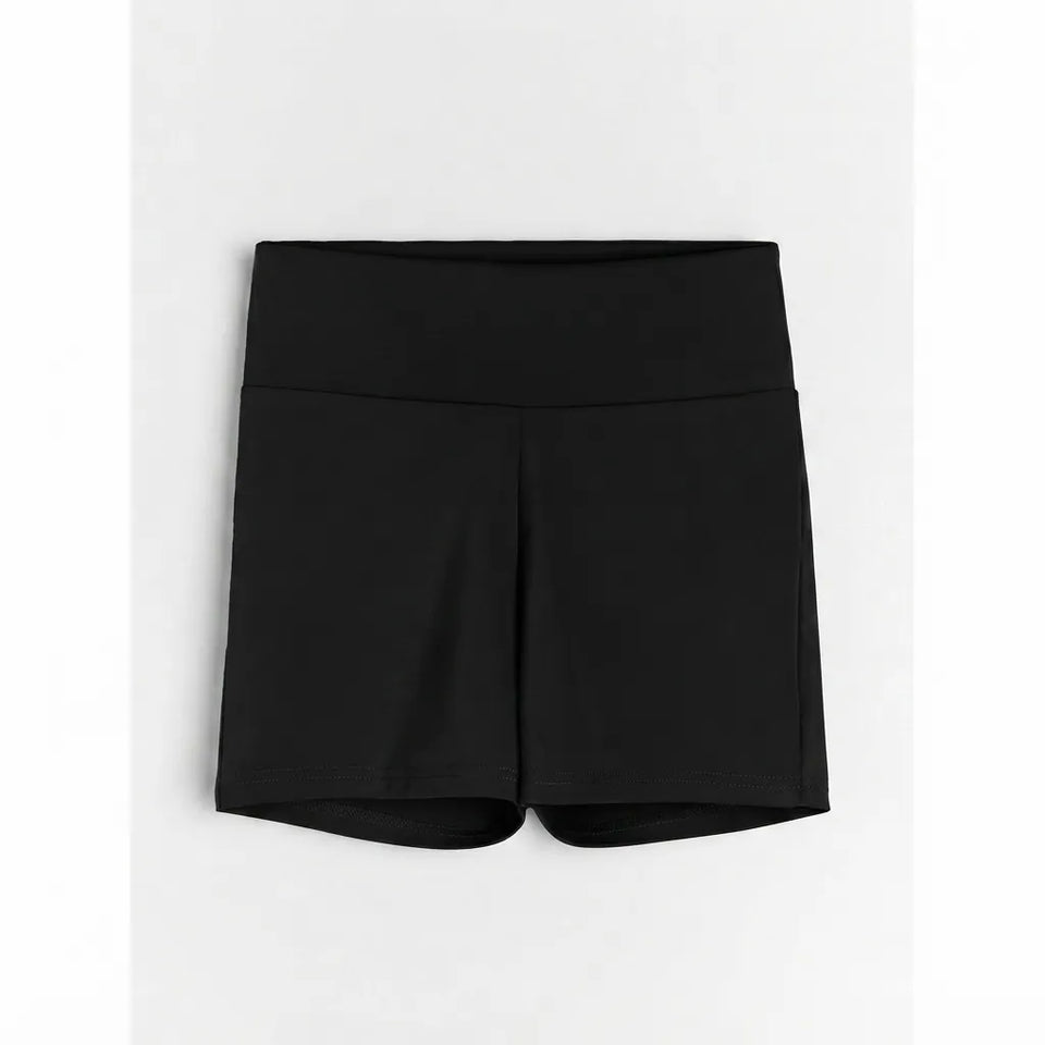 Black athletic shorts with a wide, high-waisted elastic waistband, shown flat against a light gray background.