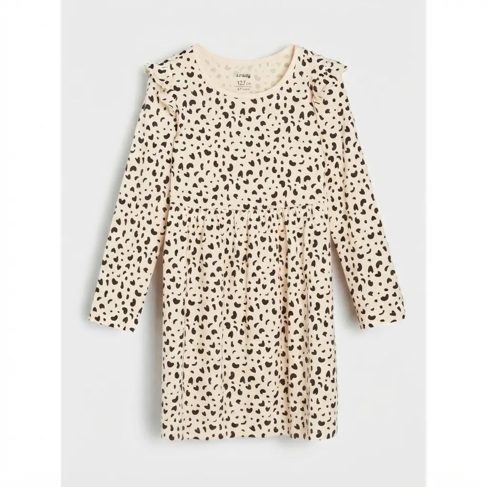 Sinsay Girl's Cream Long-Sleeve Ruffle-Shoulder Skater Dress