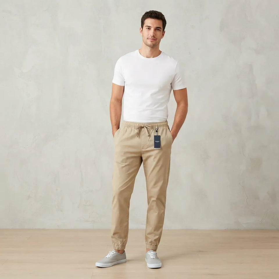 A man wearing beige drawstring jogger pants, a white t-shirt, and gray sneakers, standing against a textured light gray wall.