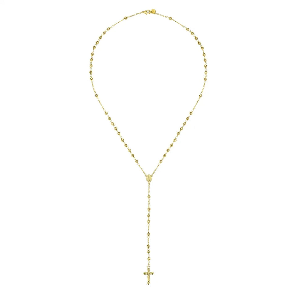 A delicate gold Y-necklace featuring a beaded chain and a long drop chain ending in a small cross pendant, shown on a plain white background.