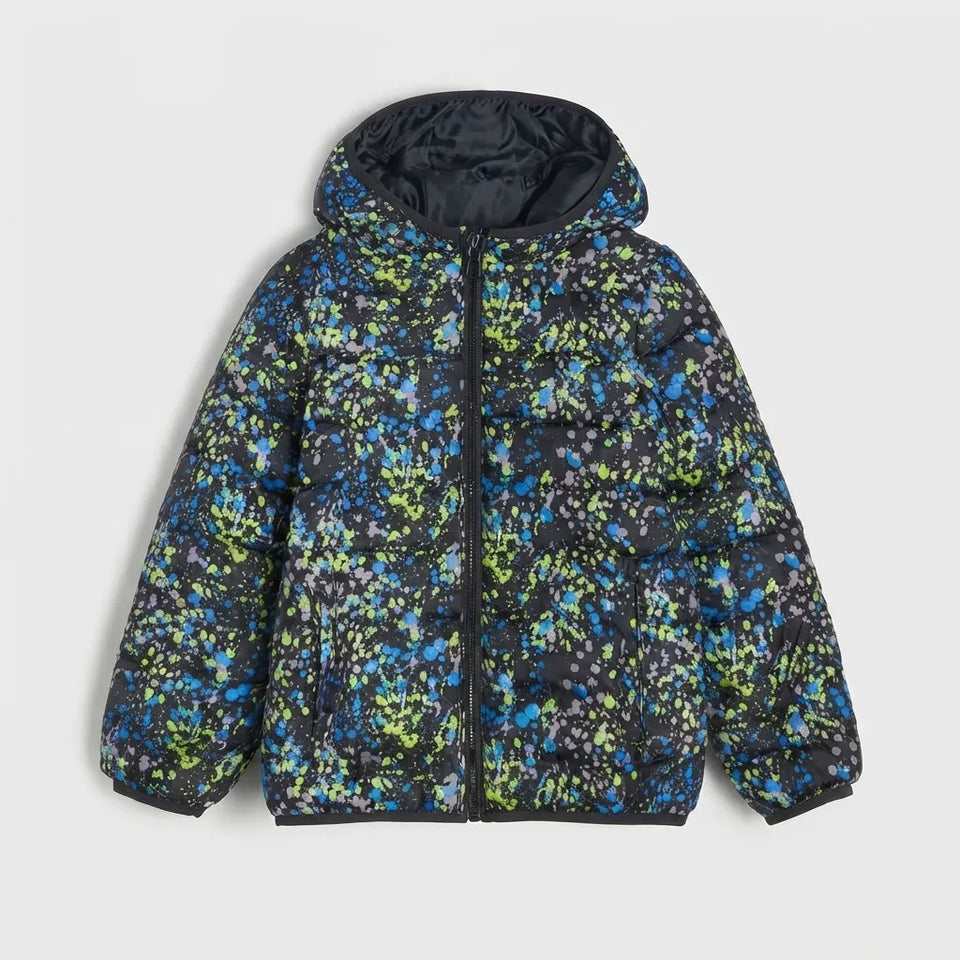 Sinsay Boy's Black Paint Splatter Hooded Puffer Jacket