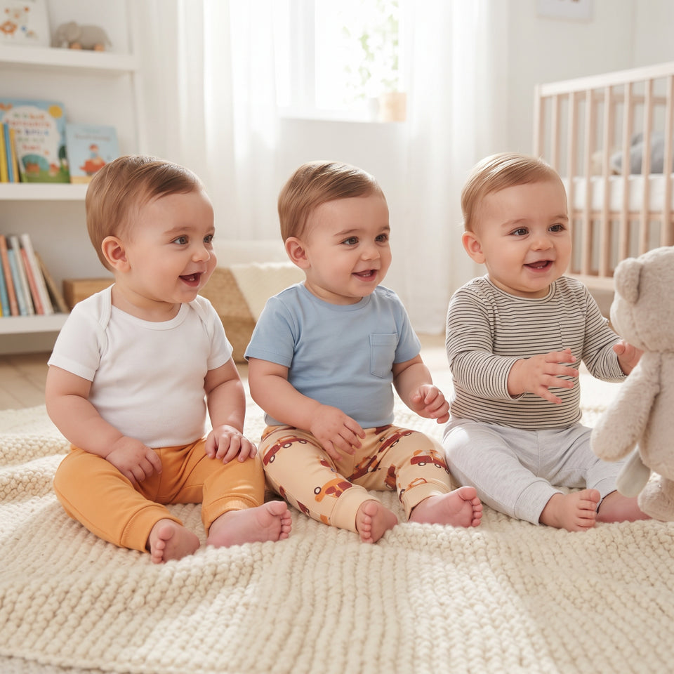 Three smiling babies sitting on a cream knit rug in a bright nursery, wearing coordinated baby clothing including a white top with mustard pants, a light blue top with tan patterned pants, and a gray striped long-sleeve top with light gray pants.
