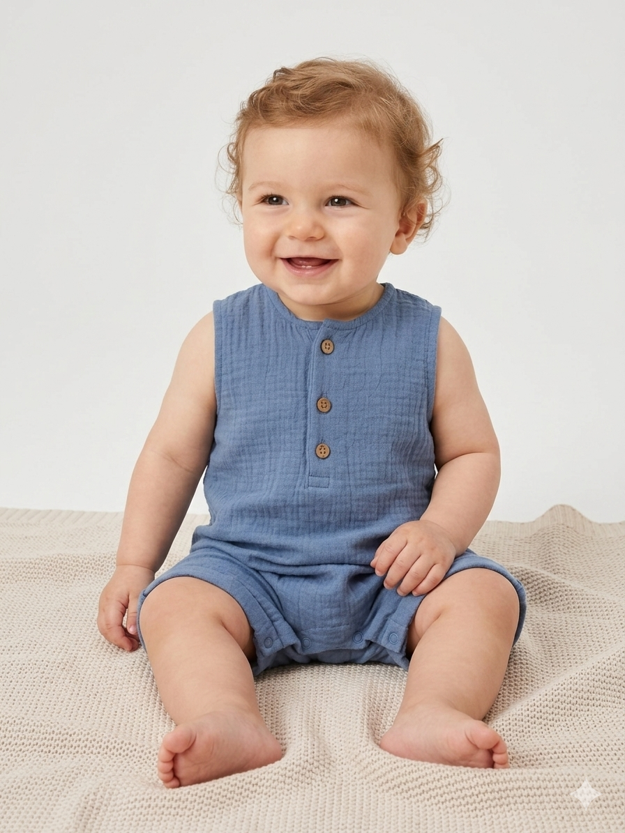 Sinsay Baby Girl's Blue Textured Muslin Sleeveless Romper