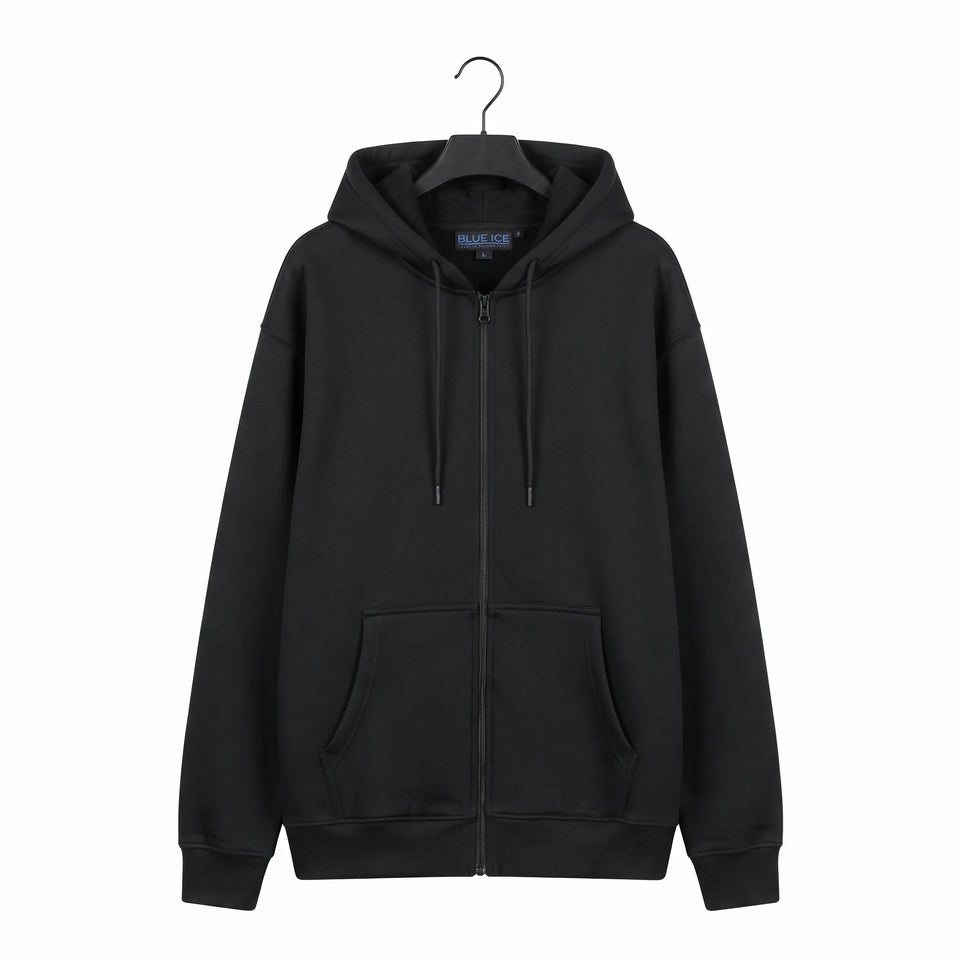 A black zip-up hoodie with drawstrings and a front kangaroo pocket, hanging on a black hanger against a plain white background. The brand name 'MULEE' is visible on the inner neck label.