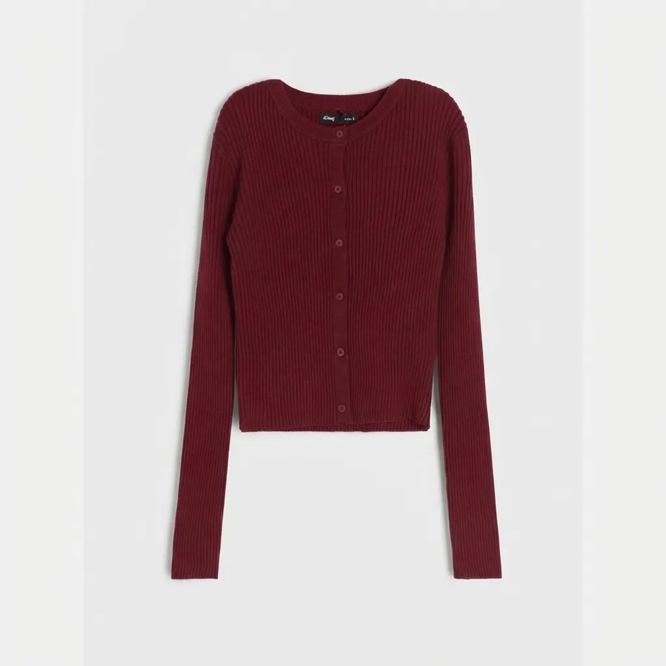 A dark burgundy ribbed knit cardigan sweater with long sleeves and a button-up front, displayed flat against a light gray background.