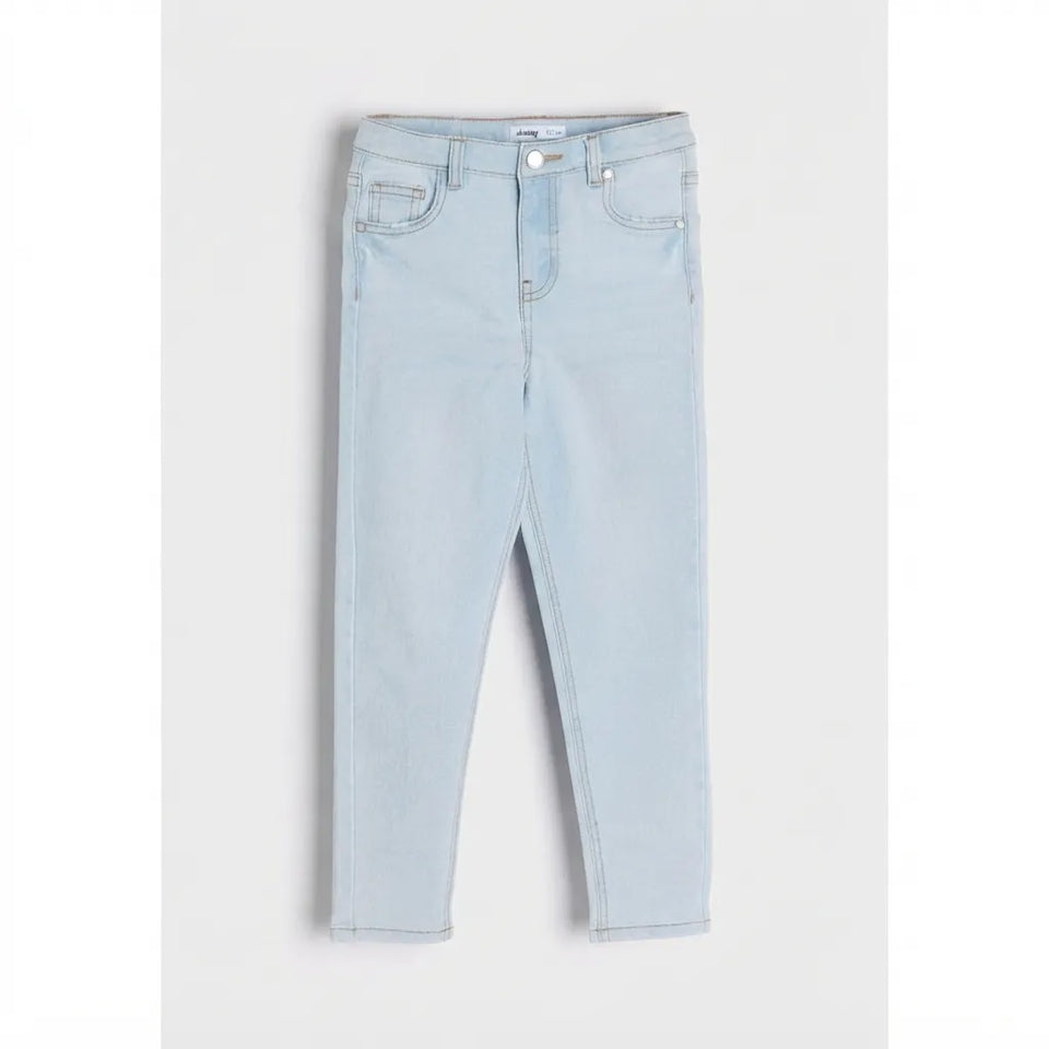 Light wash blue denim jeans for kids, shown flat against a light gray background.