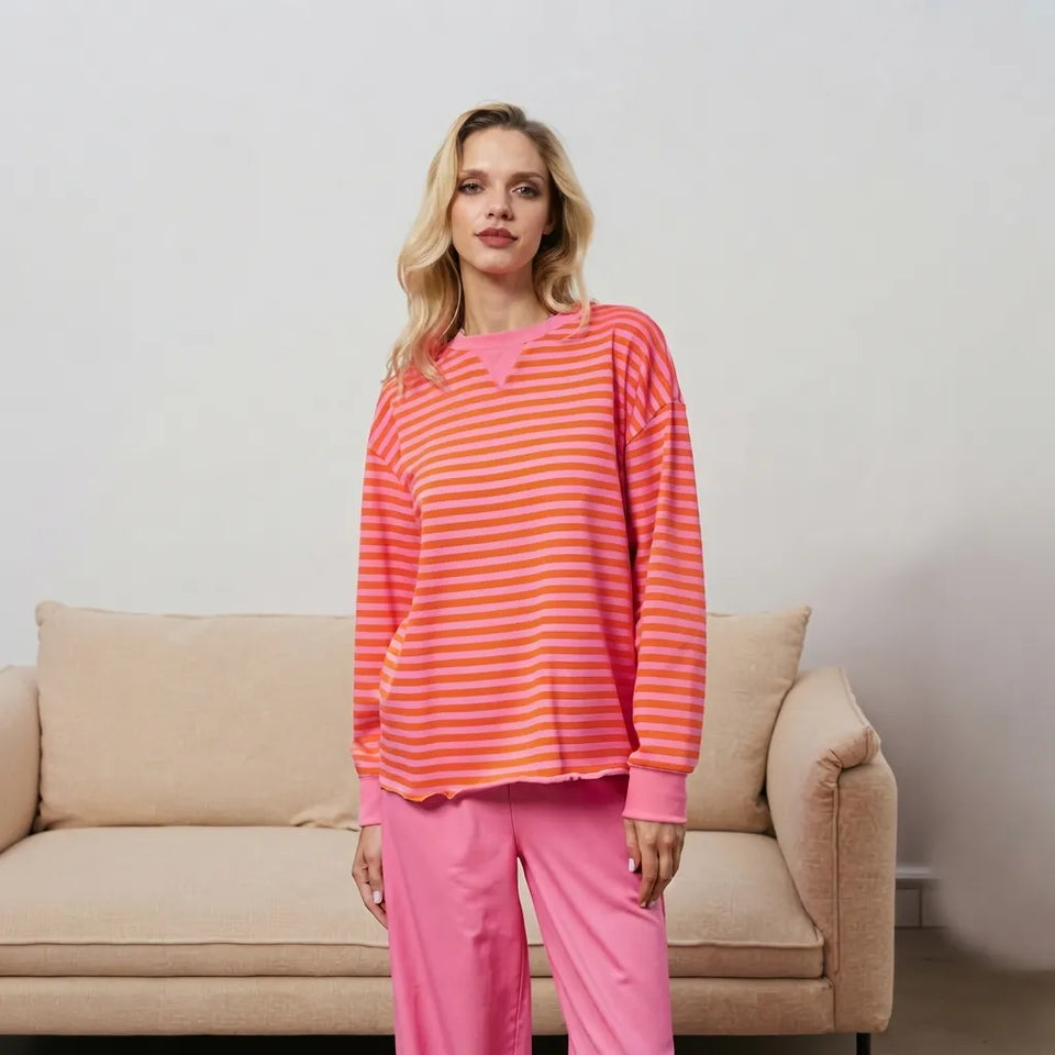 Sinsay Women's Pink & Orange Striped Crewneck Sweatshirt