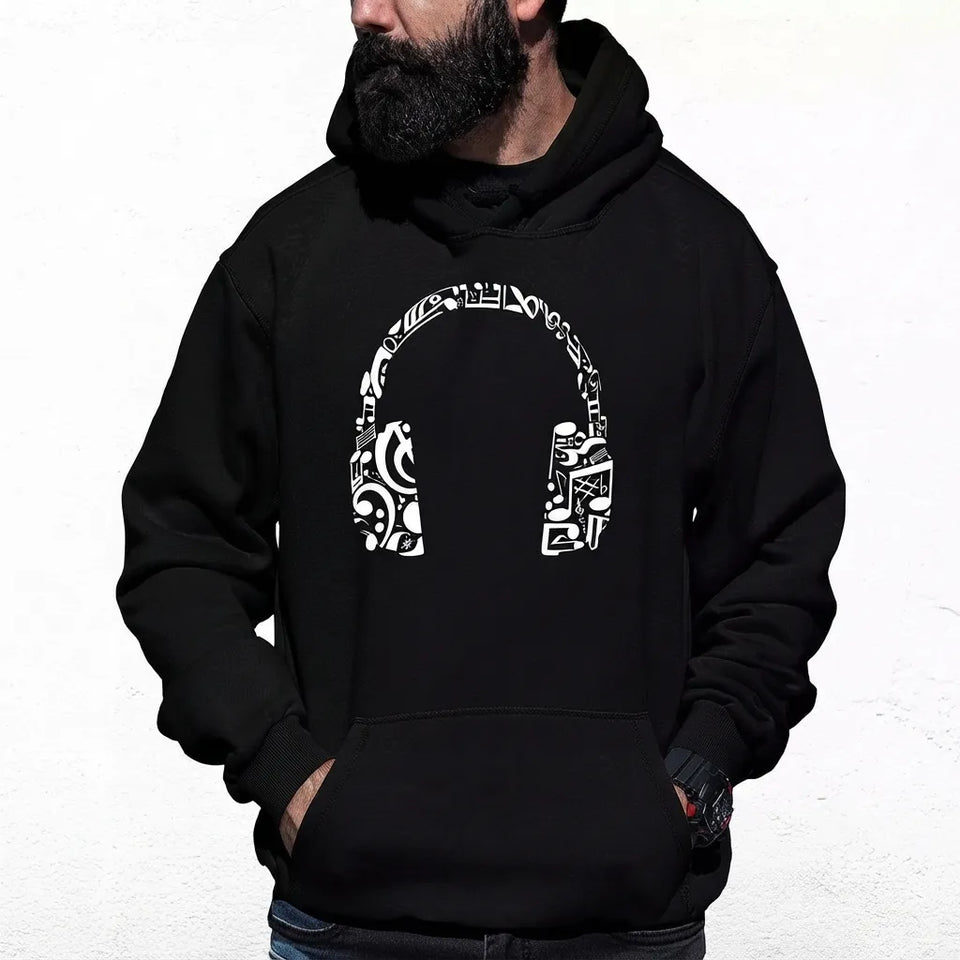 La Pop Art Men's Black Music Note Headphones Word Art Hoodie
