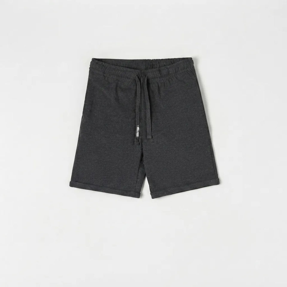Dark gray heathered drawstring shorts with an elastic waistband, laid flat on a light gray background.