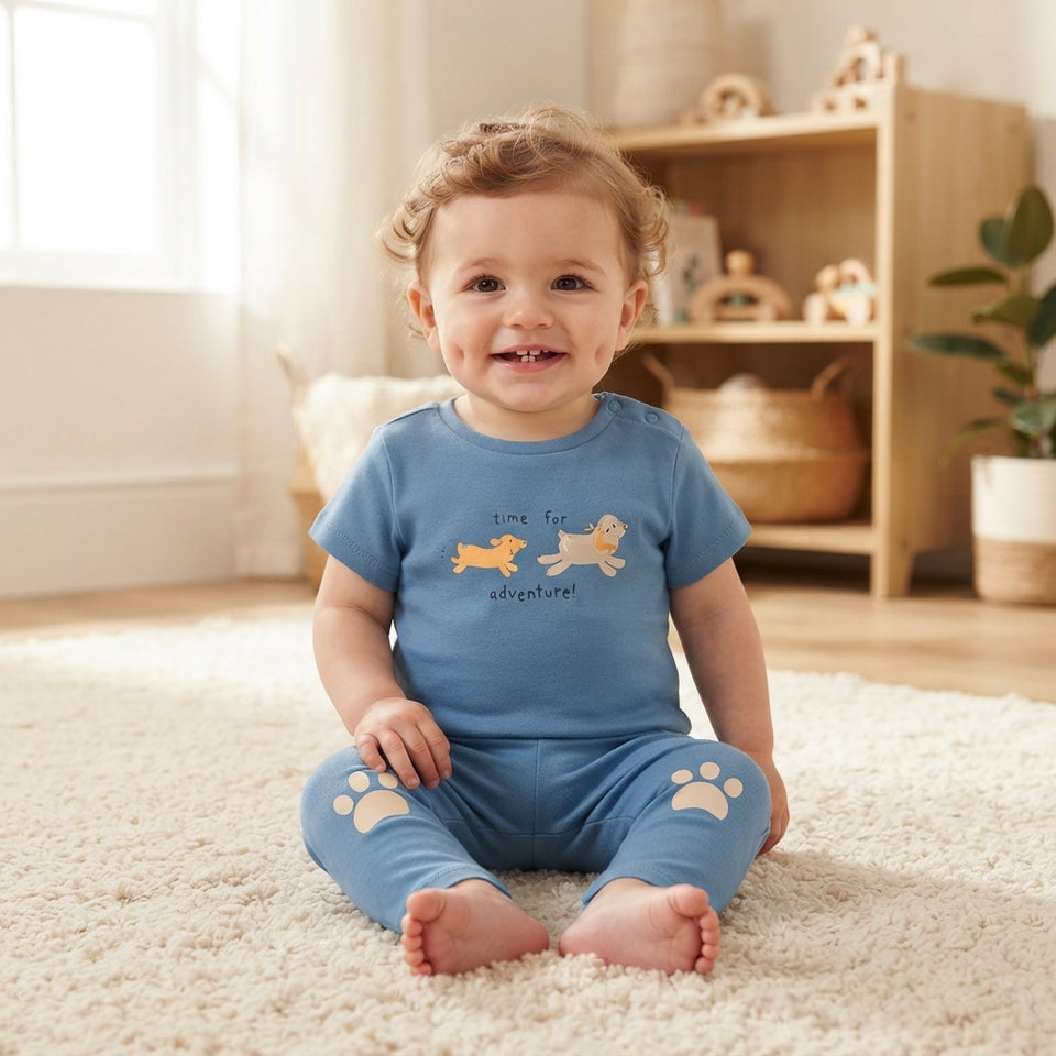 A smiling toddler sits barefoot on a cream rug in a bright room, wearing a blue short-sleeve one-piece outfit with a yellow dog graphic and paw-print details on the legs.