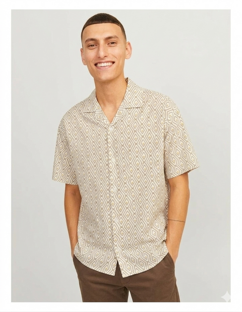 Jack & Jones Men's Beige Geometric Diamond Print Short-Sleeve Shirt | Jack & Jones in Lebanon
