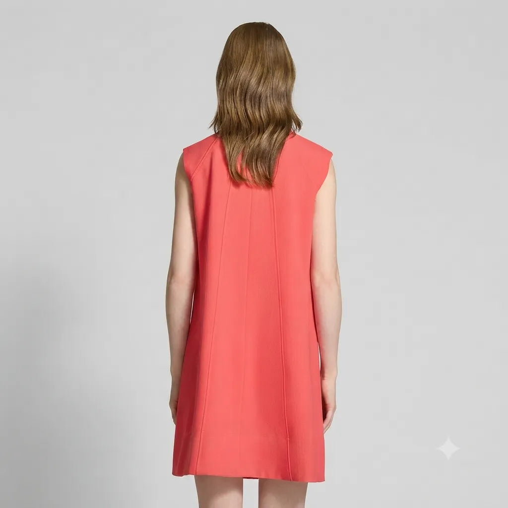 A woman viewed from behind wearing a sleeveless coral pink dress with a structured, slightly flared silhouette against a light gray studio background.