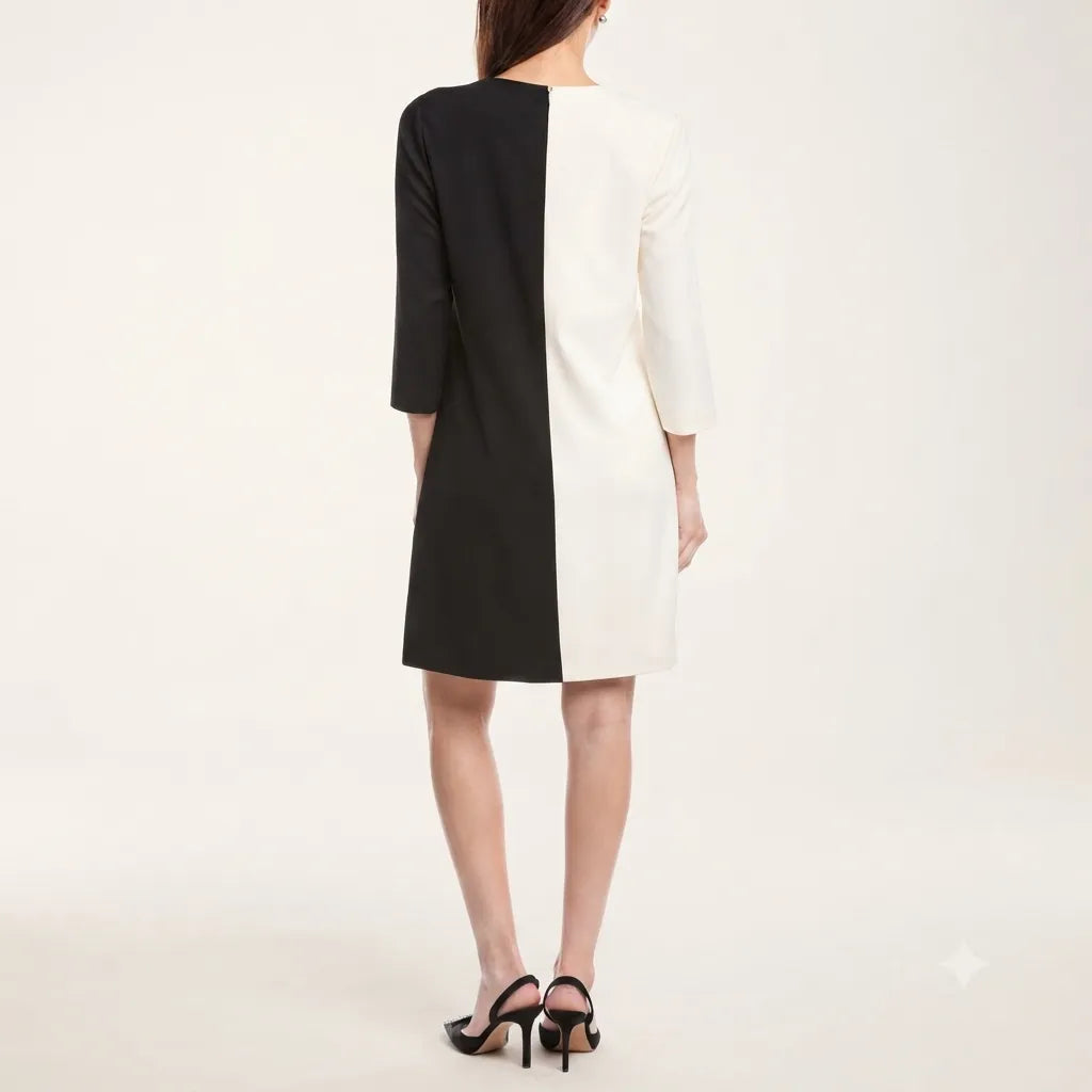 Anne Klein Women's White /Black Three Quarter SLV Shift with Keyhole Dress
