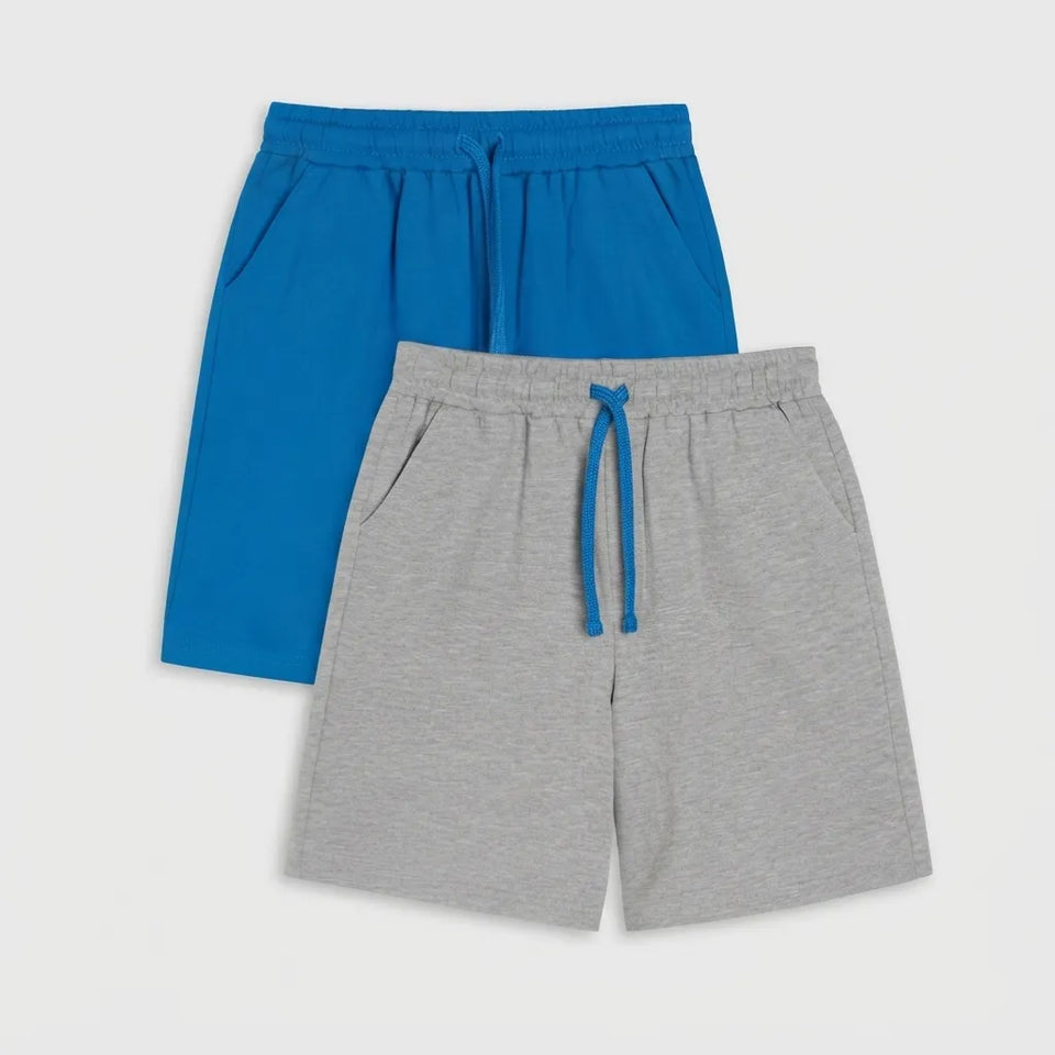 Two pairs of kids' drawstring shorts, one in bright blue and one in heather gray, arranged overlapping on a light gray background.