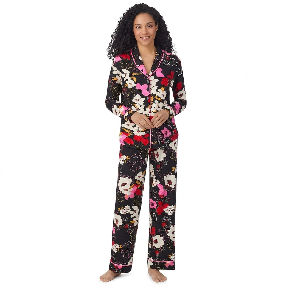 Room Service Women's Multicolor Black Floral Print Shawl Collar Pajama Set