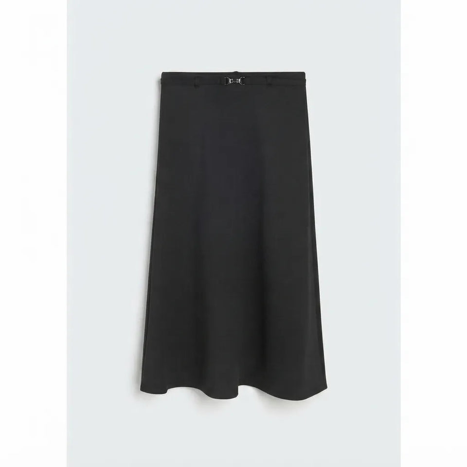 A black A-line midi skirt with a matching waist belt and a small silver buckle, displayed flat against a light gray background.