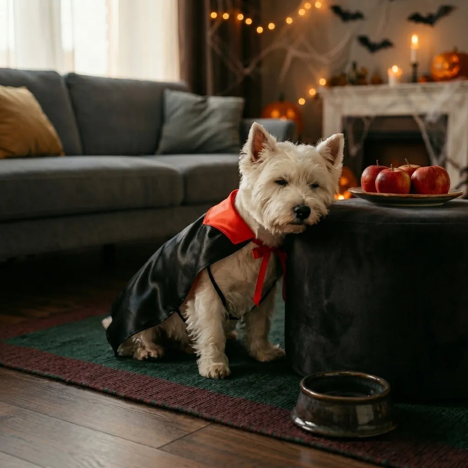 A small white dog wearing a black cape with an orange-red collar sits on a rug in a cozy living room, leaning against a dark ottoman near a plate of red apples.