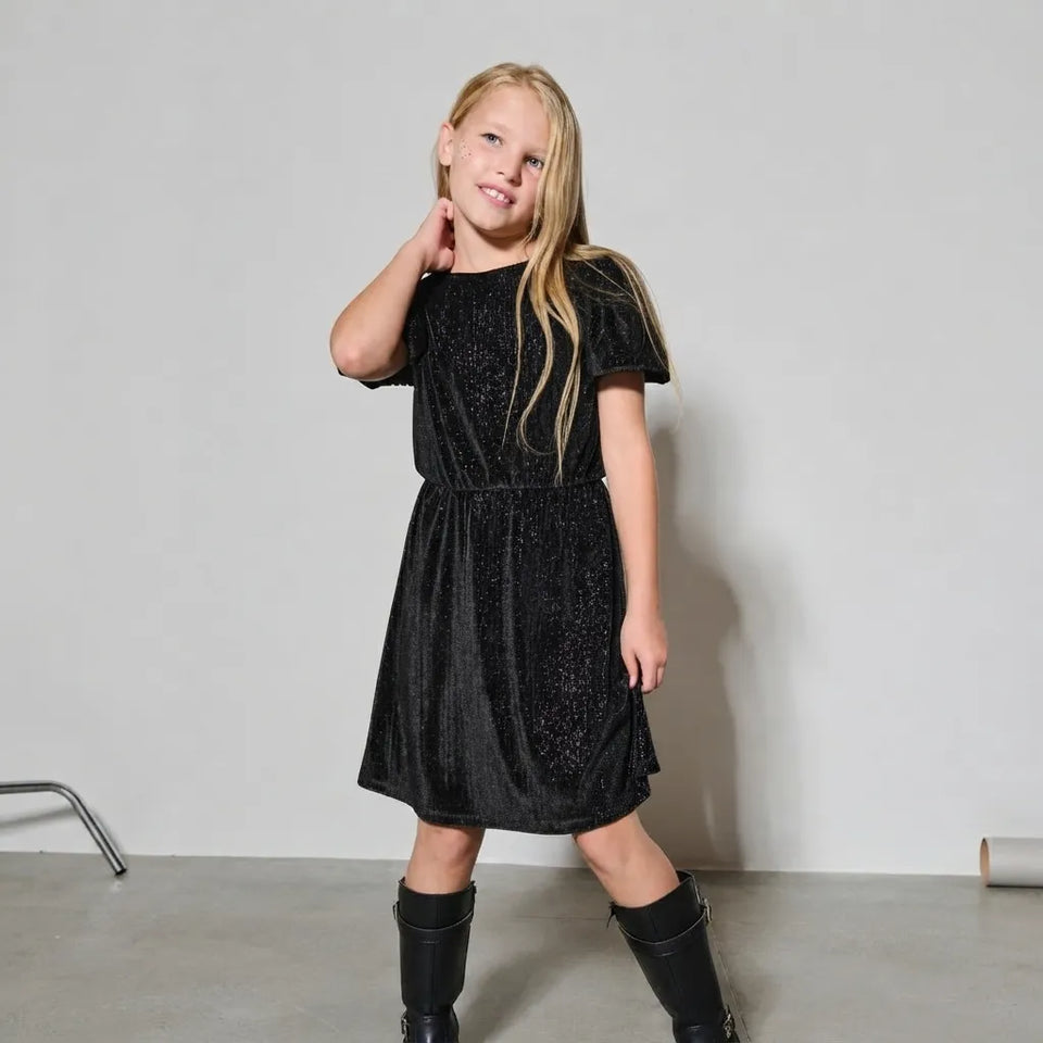 Sinsay Girl's Black Shimmer Puff-Sleeve Skater Dress